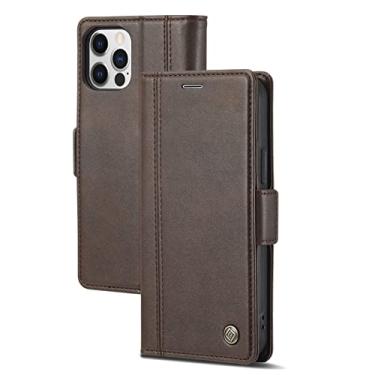 Imagem de GSYH Capa carteira para iPhone 13 Mini/13/13 Pro/13 Pro Max, capa protetora de couro legítimo flip slots para cartão TPU Shell Kickstand magnético Folio Capa, Marrom, 13 15,1 cm
