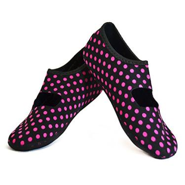 Imagem de NuFoot Sapatos femininos Mary Janes, dobráveis, flexíveis, sapatilhas, chinelos de viagem, sapatos de exercícios, sapatos de dança, sapatos de ioga, sapatos para casa, chinelos para ambientes internos, preto/rosa bolinhas, extra grande