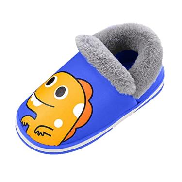 Imagem de Chinelos fofos para crianças sapatos de pelúcia para uso interno chinelos para casa meninas quentes meninos desenhos animados algodão infantil (azul, 34)