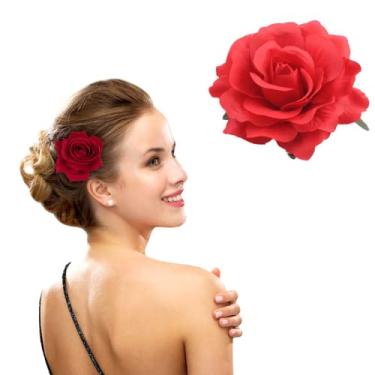 Imagem de Grampos de flores de cabelo, broche de rosa clipes florais, grampos de cabelo de flores de rosa e clipe de flor de cabelo rosa, chapéus de flores de cabelo para festa de casamento feminina menina (vermelho)