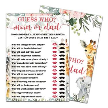 Imagem de Guess Who? Jogo de chá de bebê para mãe ou pai, artigos de festa de revelação de gênero, decoração de festa verde floral safári, animais da selva – 30 cartas de jogo. (bb002-yx06)