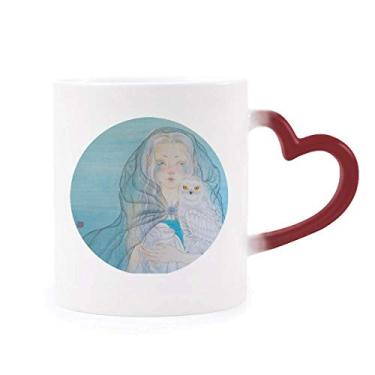 Imagem de Caneca azul branca coruja menina estilo chinês aquarela sensível ao calor Caneca vermelha muda de cor