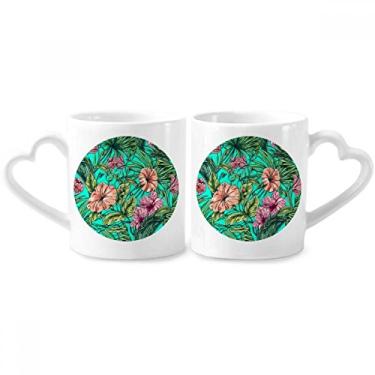 Imagem de Conjunto de canecas de porcelana para casal verde com folha de flor