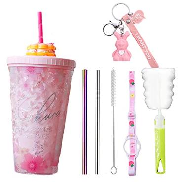 Imagem de Copo de viagem floral com canudo copo de sorvete congelador caneca de piquenique (rosa floral, 450 ml)