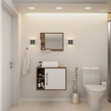 Imagem de Conjunto para Banheiro Gabinete com Cuba Q32 e Espelheira Soft 600  Nogal com Branco