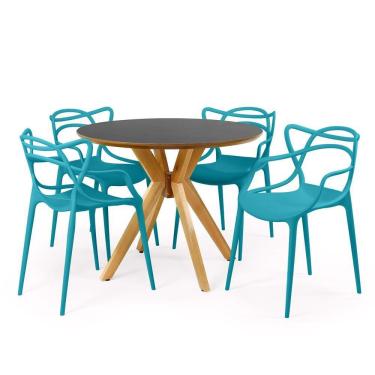 Imagem de Conjunto Mesa de Jantar Redonda Marci Premium Preta 100cm com 4 Cadeiras Allegra - Turquesa
