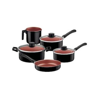 Imagem de Conjunto de Panelas 5 Peças Tramontina Caribe com Revestimento Interno Antiaderente Starflon Max, Tampas de Vidro e Cabos em Baquelite – Preto