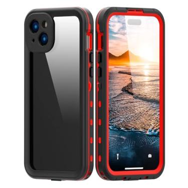 Imagem de PuRoxx Capa à prova d'água para iPhone 15 Pro Max/15 Pro/15 Plus/15, proteção de lente de câmera, capa protetora de corpo inteiro transparente traseira, suporta carregamento sem fio, vermelho, 15Pro