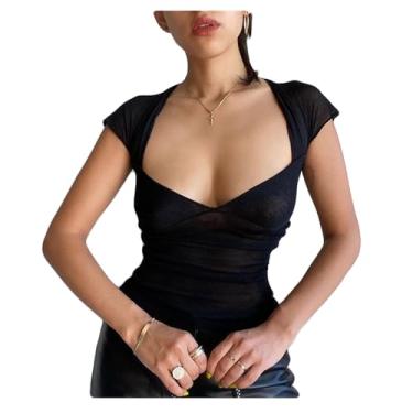 Imagem de Jueshanzj Camiseta feminina sexy frente única gola V cor sólida slim fina manga curta, Preto, P