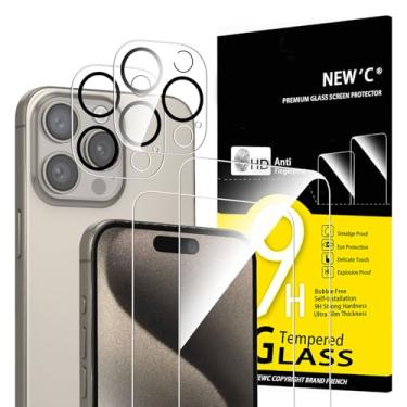 Imagem de NEW'C Pacote com 4, 2 protetores de tela para iPhone 15 Pro Max [6,7 polegadas] + 2 protetores de lente de câmera, proteção de sensor, película de vidro temperado compatível com capas