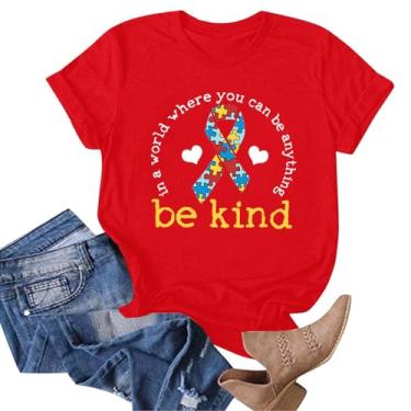 Imagem de Camisetas femininas de conscientização sobre autismo "Be Kind Kindness" com fita de conscientização com suporte para professores de educação especial, C#_vermelho, GG