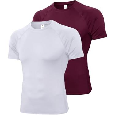 Imagem de Camisetas de compressão masculinas Cool Dry Sports Baselayer Athletic manga curta camisetas de treino, #Branco/vinho, XXG
