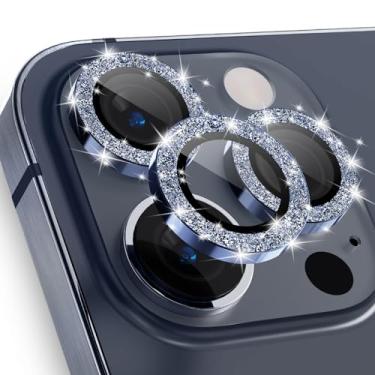 Imagem de imluckies Para iPhone 15 Pro - iPhone 15 Pro Max Protetor de lente de câmera Bling, anel individual de liga de alumínio transparente HD, película de proteção de tela traseira de vidro temperado 9H, azul glitter
