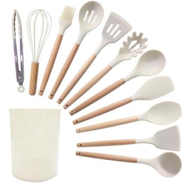 Imagem de Conjunto de utensílios de cozinha de silicone, resistente ao calor, conjunto de espátula, panelas antiaderentes (12 peças brancas)