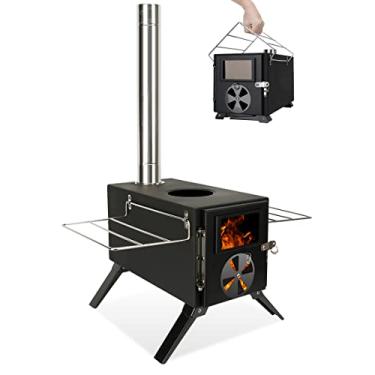Imagem de Fogão de acampamento para barracas quentes, fogão LAMA a lenha de aço carbono com tubos de chaminé de parede inoxidável para barracas, abrigo, fogão portátil ao ar livre para acampamento e aquecimento