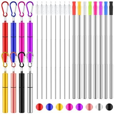 Imagem de Canudos reutilizáveis portáteis dobráveis de aço inoxidável, canudos de viagem reutilizáveis, ponta de canudo de silicone, pincéis de limpeza e chaveiro (prata, estilo clássico)