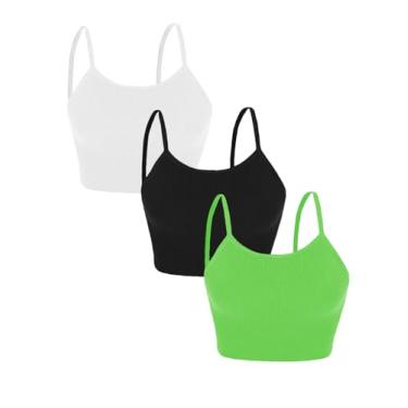 Imagem de Topstype 3 peças de camiseta regata cropped canelada feminina sem mangas alças finas, Preto/branco/verde, G