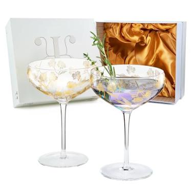 Imagem de Khen - Conjunto de 2 Copos de Cocktail Floral Dourado Vintage Champanhe | 368,5 g, Design de Flor Dourada Dançante, Vidro Floral para Coquetel - Martini, Champanhe, Sidecar, Vinho