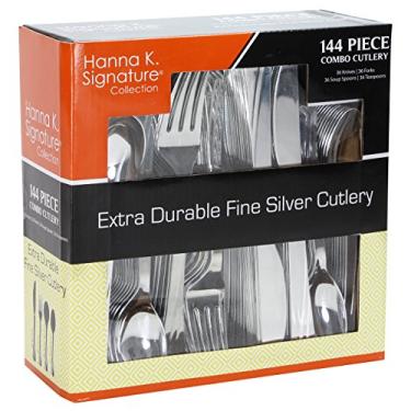 Imagem de Talheres de plástico descartáveis pesados, talheres de plástico, como prata, conjunto de 144 peças – 36 de cada garfo, faca, colher de chá, colher de sopa