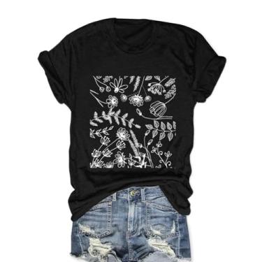 Imagem de MZEAZRK Camiseta feminina Boho com estampa de flores silvestres linda margarida de manga curta para férias, V - preto, G