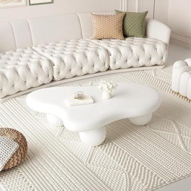 Imagem de Mesa de centro em nuvem branca/creme de estilo simples, mesa final de madeira moderna em formato de nuvem 39 × 27 para quarto de sala de estar, mesa de centro irregular com 3 pernas esférica