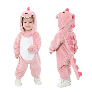 Imagem de TONWHAR Macacão unissex com capuz para bebês e crianças pequenas, Dinossauro rosa, 4T