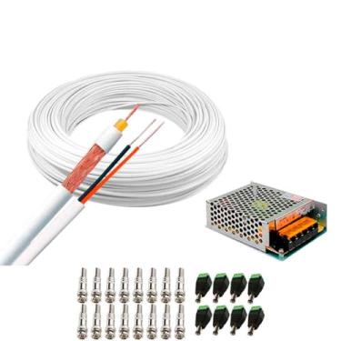 Imagem de Kit 1 Cabo Coaxial Branco Flexível 80% Malha Bobina de 100m + Fonte Chaveada 12V 10A Tipo Colméia e Conectores para 8 Câmeras