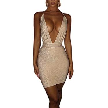 Imagem de LEOSSTELL Vestido feminino sexy decote V profundo frente única brilhante vestido noturno colado ao corpo mini vestido de clube com glitter, Bege, P