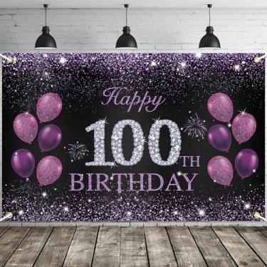 Imagem de JOYKY Banner Happy 100th Birthday - Decorações de festa roxas para mulheres, suprimentos para 100 anos, decoração de pano de fundo, 15 x 3,8 pés