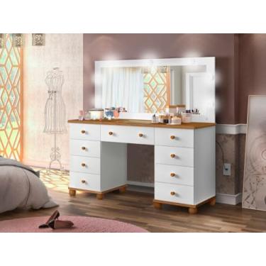 Imagem de penteadeira lx camarim 9 gavetas branco com detalhes amendoa com led e espelho