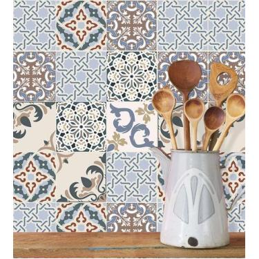 Imagem de Azulejo Adesivo Lavável Em Tons Azul Bege marrom Cinza E preto - Papel
