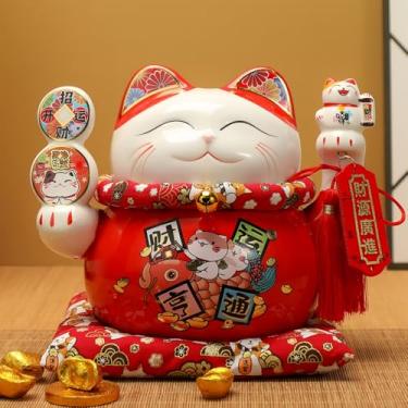 Imagem de Lucky Cat Cofrinho Estilo Cofrinho de Porcelana Decorada Ornadamente Cerâmica Maneki Neko Estatueta de Gato da Sorte Feng Shui Chinês (15 cm, Atrai Riqueza)