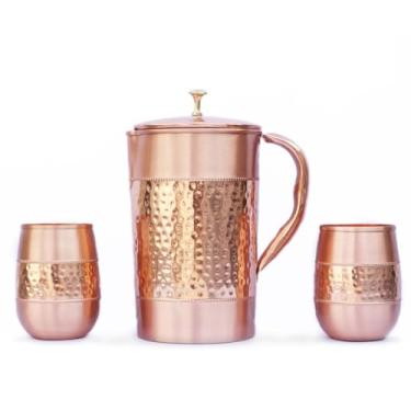 Imagem de Jarro de água de cobre puro com 2 copos de cobre (padrão martelado e simples) para benefícios de saúde Ayurveda (com vidro cilíndrico)
