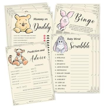 Imagem de 50 peças de cartões de atividades de chá de bebê Winnie, cartões de jogo de adivinhação de animais fofos, inclui jogo de bingo Scrabble de palavras de bebê, etc., suprimentos de festa para chá de