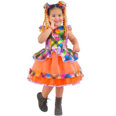 Imagem de Vestido infantil Festa Junina Xadrez Tule Laranja Tom Neon - Moderna M