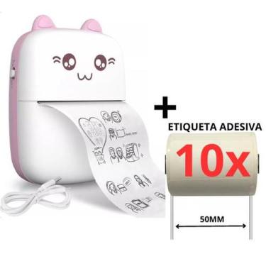 Imagem de Mini impressora bluetooth foto gato + 10 rolos de etiqueta - Xd Mega, 