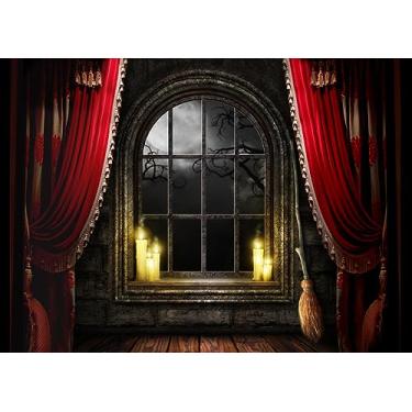 Imagem de Alltten Pano de fundo de foto de Halloween 18 x 1,5 m pano de fundo de lua cheia noite de dia das bruxas meia-idade retro assustador deserto varanda vermelha vintage cortina mágica fundo vassoura decoração de festa de Halloween F82