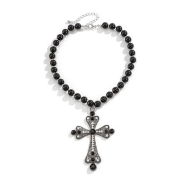 Imagem de Colar feminino com cruz de pérola, gótico, dourado, grosso, grande, cruz, corrente de pérolas, crucifixo grande, pingente para festa punk, Large, Zinco, Pérola