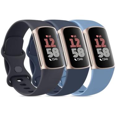 Imagem de Pacote com 3 pulseiras esportivas de substituição para Fitbit Charge 6/Charge 5 de silicone macio à prova d'água e ajustáveis para Fitbit Charge 5/Charge 6 (meia-noite + azul marinho + azul inverno,