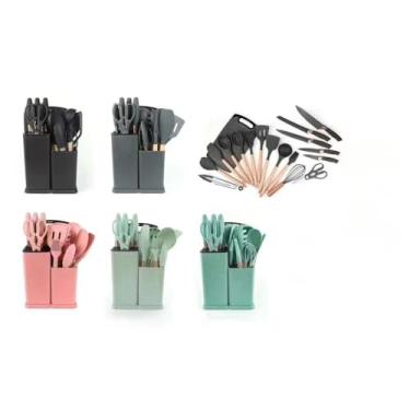 Imagem de Kit Completo Jogo Utensílios de Cozinha Luxo 19 Peças Com Tábua em Silicone Espátula Faca Tesoura(COR ALEATORIA)