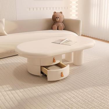 Imagem de Mesa de centro branca com 2 gavetas de armazenamento - Mesa oval de madeira para sala de estar - Estilo moderno com pernas cilíndricas - Ideal para escritório em casa, 120 cm
