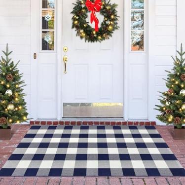 Imagem de Tapete xadrez de búfalo, tecido de algodão, 7,5 x 12,5 cm, tapete xadrez azul marinho e branco para ambientes externos, lavável, interior, exterior, tapetes em camadas, para casa de fazenda, entrada,