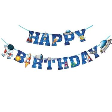 Imagem de Banner de feliz aniversário astronauta navio espacial meninos festa de aniversário decoração azul astronauta menino menina suprimentos de chá de bebê
