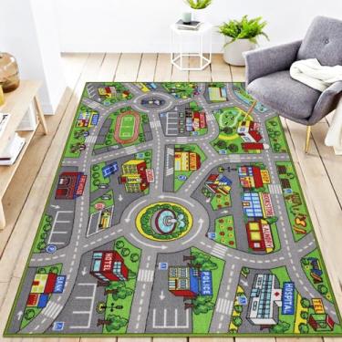 Imagem de Tapete infantil 1,8 m x 1,60 m tapete de área de vida urbana carro mapa da cidade lavável trânsito estrada educacional tapete de berçário para crianças sala de estar, quarto, sala de aula, decoração