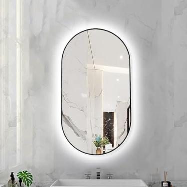 Imagem de Espelho oval LED Baclit para banheiro regulável com temperatura de 3 cores Espelho inteligente com luz LED montado na parede Espelho Maeup com moldura de liga de alumínio, moldura preta, 40X