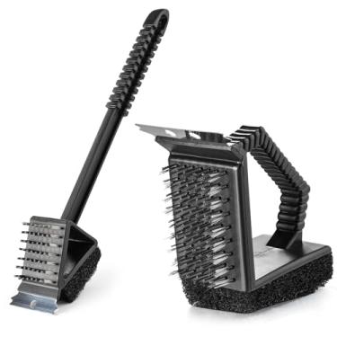 Imagem de 2 escovas e raspadores de grelha, plástico e aço inoxidável, cabo longo, limpador de churrasco, adequado para acampamento ao ar livre, escova de churrasco