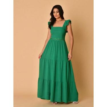 Imagem de Vestido longo luxo duna lisa com babada na manga renda na cintura 1943