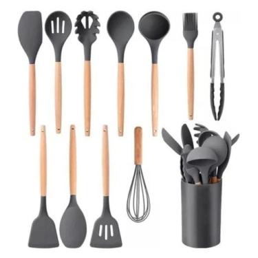 Imagem de Kit Utensílios Cozinha Talher Silicone 12 Peças Cabo Madeira - SHOPPIN