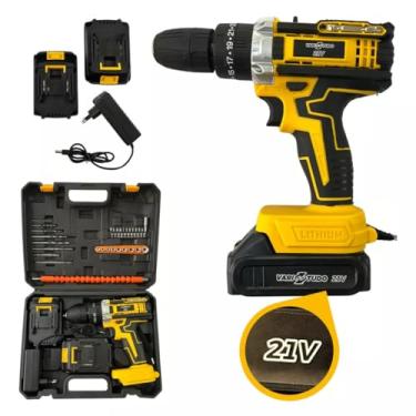 Imagem de Parafusadeira Furadeira Martelete Com 2 Baterias 21V Recarregaveis Maleta Soquetes Pontas Brocas Kit Completo