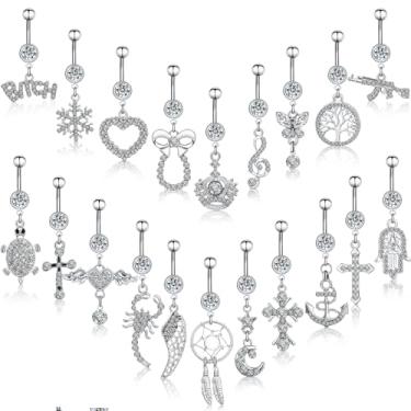 Imagem de Junkin 20 peças 14G pingente de umbigo anel de umbigo de aço cirúrgico 316L, piercing de umbigo de zircônia cúbica joia feminina piercing corporal halteres, Aço cirúrgico 316L, zircônia cúbica, Sem